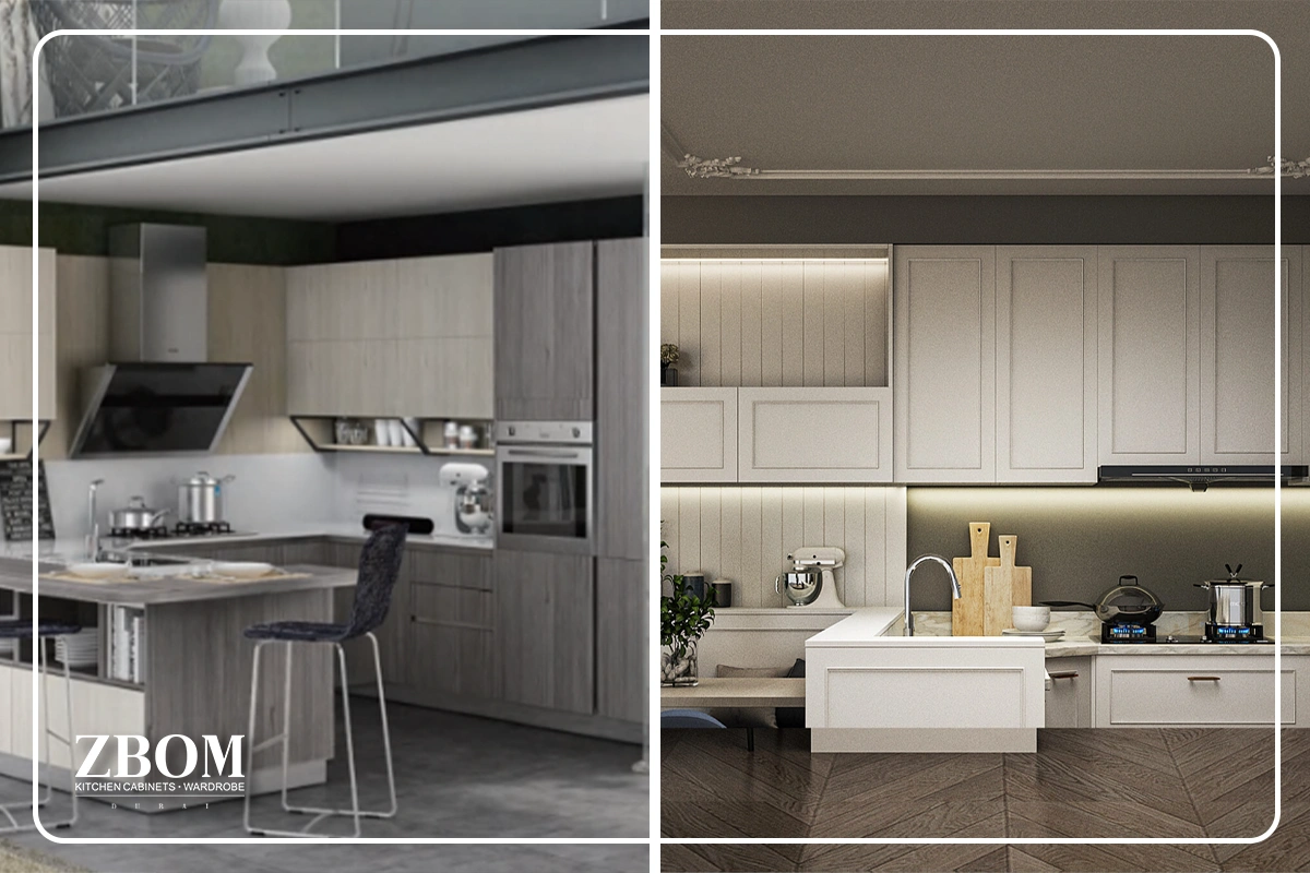 Modern kitchen comparing custom and stock cabinet designs in the UAE