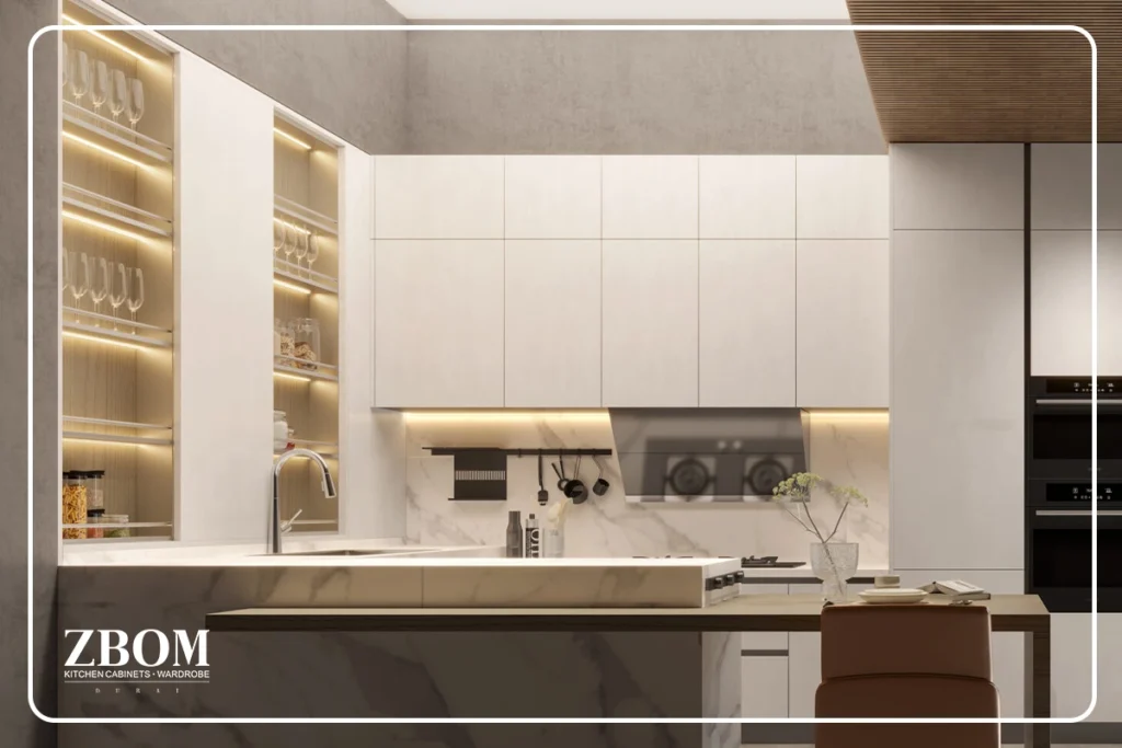 Modern kitchen storage cabinet design with built-in lighting in a Dubai apartment